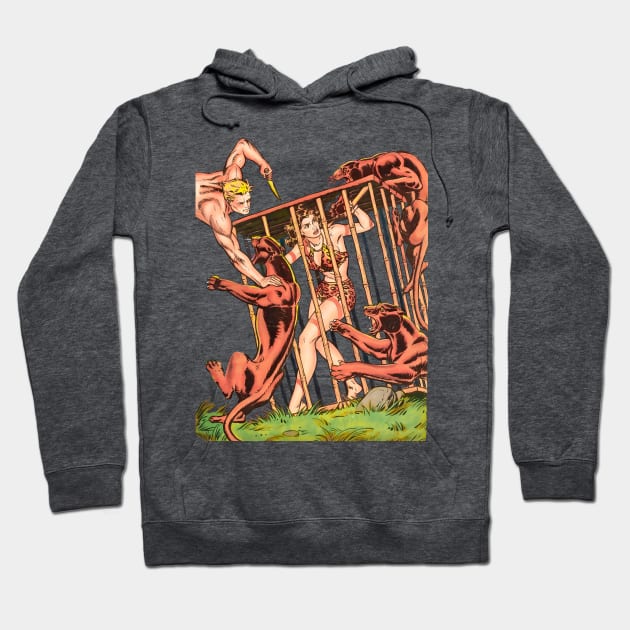 pin up girl trapped in a cage surrounded by wild jungle panthers retro vintage comic book pulp Hoodie by REVISTANGO